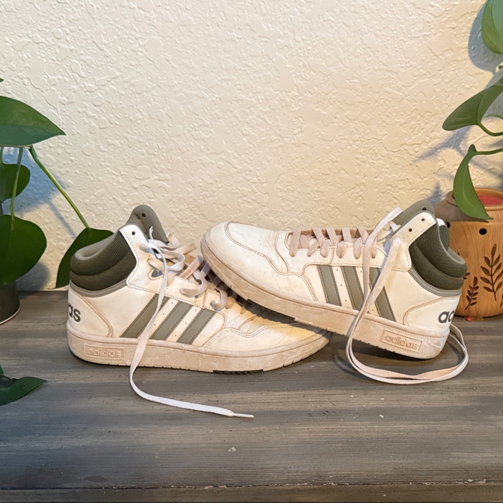 Adidas White and Olive High-Tops